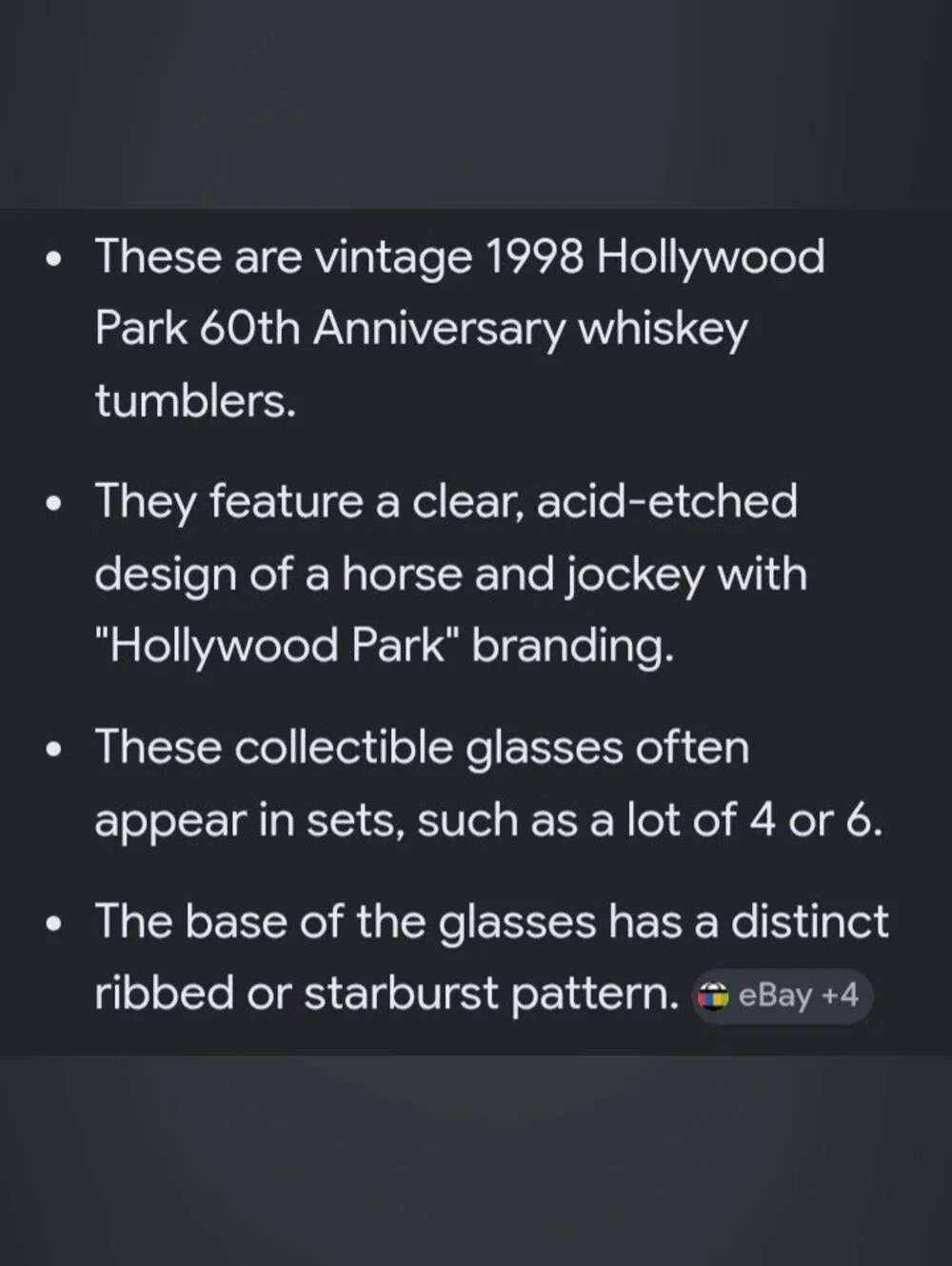 Vintage Hollywood Park CA 60th Anniversary Etched Whiskey Tumblers (2) Barwear